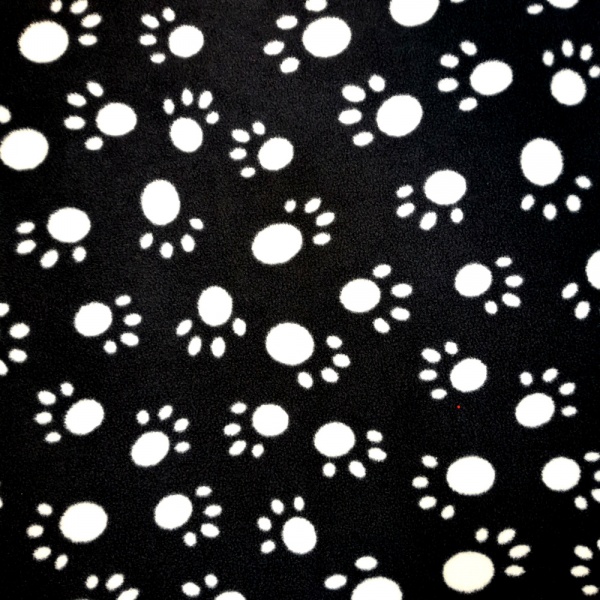 Anti Pill Fleece Fabric - White Paws on Black